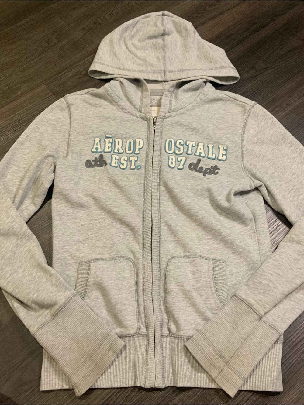 Aeropostale Light Gray Zip-Up Hoodie with Aqua Lettering